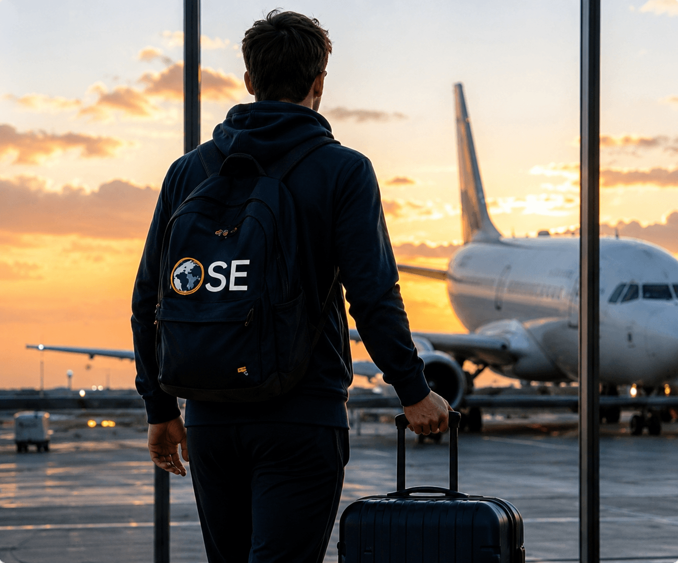 Jeune ambassadeur OSE avec son sac à dos partant à l'aéroport