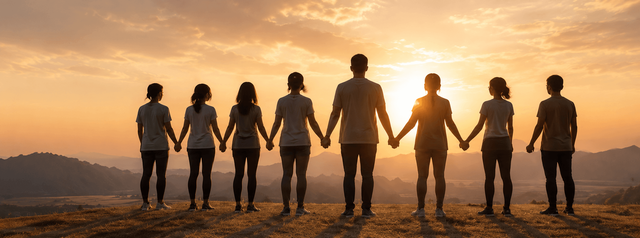 Silhouettes unies face au coucher de soleil, symbole de l'humanité réunie
