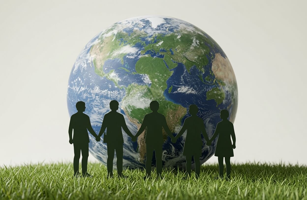 Illustration bleue OSE symbolisant une Humanité plus consciente, fraternelle et unie