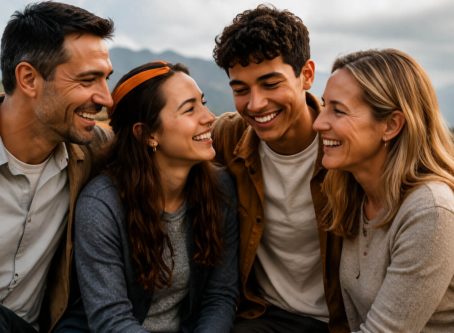 Famille d'accueil OSE souriante et unie autour du jeune sportif qu'elle héberge