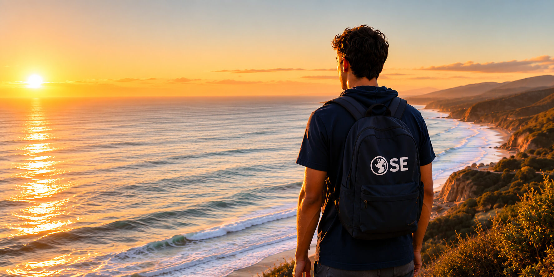 Jeune ambassadeur OSE sac au dos face à l'océan, symbole du départ en échange sportif international
