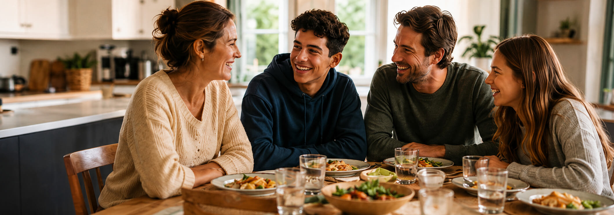 Famille française accueillant un jeune sportif étranger autour d'un repas - programme d'échange OSE