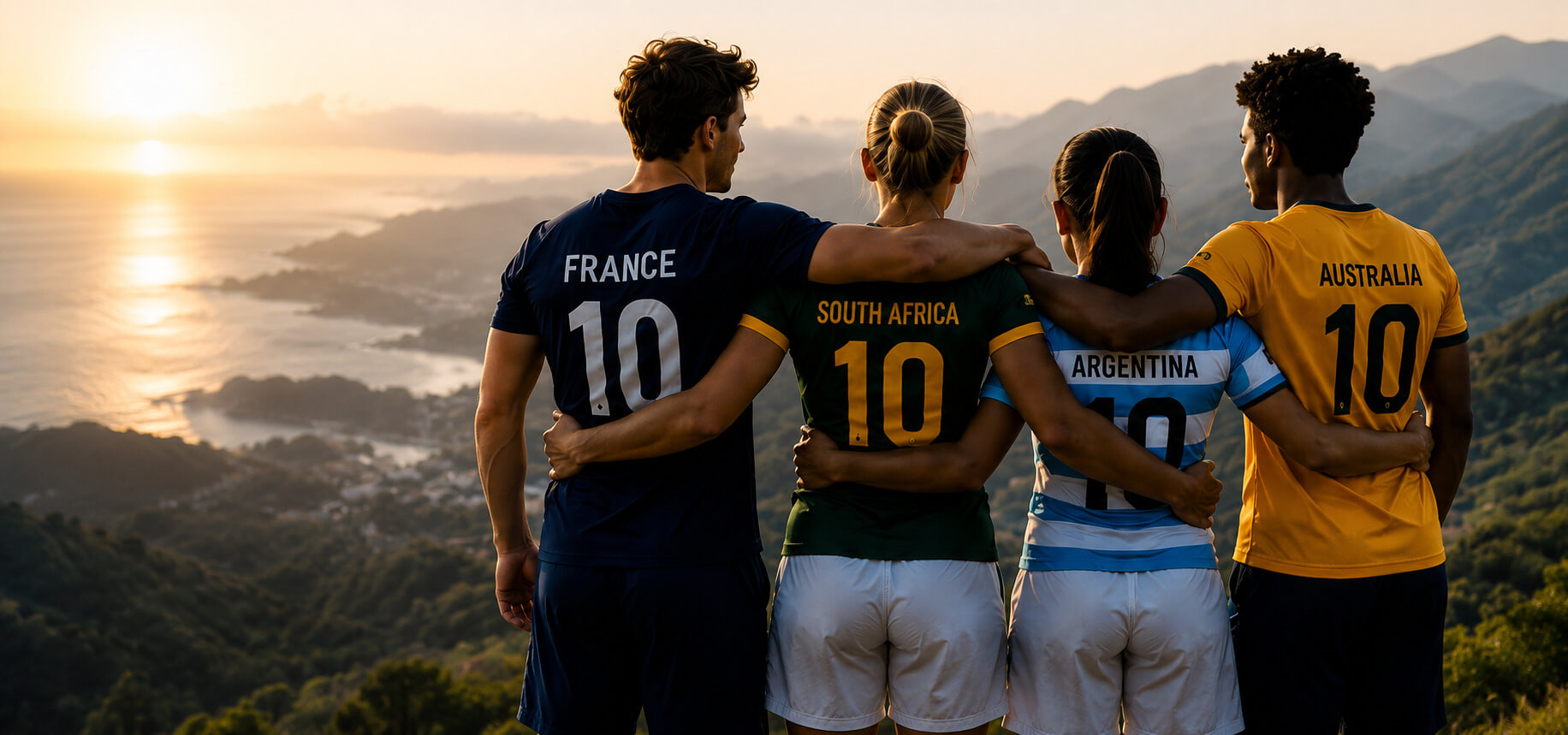 Groupe de jeunes amis, vus de dos, bras autour des épaules, face au coucher du soleil