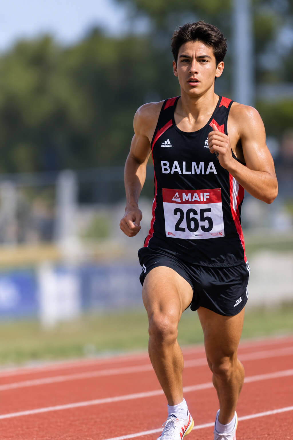 Jeune athlète en course, dossard 265, club Balma