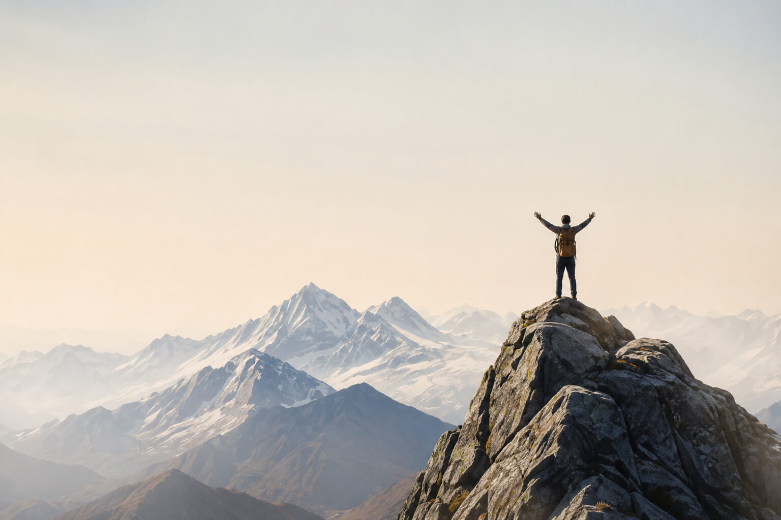 Homme au sommet d'une montagne, bras levés vers l'horizon
