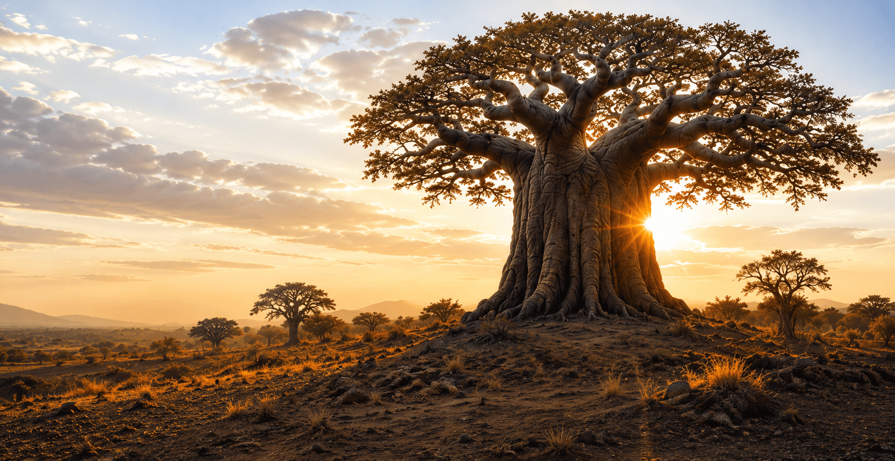 Grand baobab centenaire dans la savane africaine au coucher de soleil, symbole ancestral de la sagesse Ubuntu