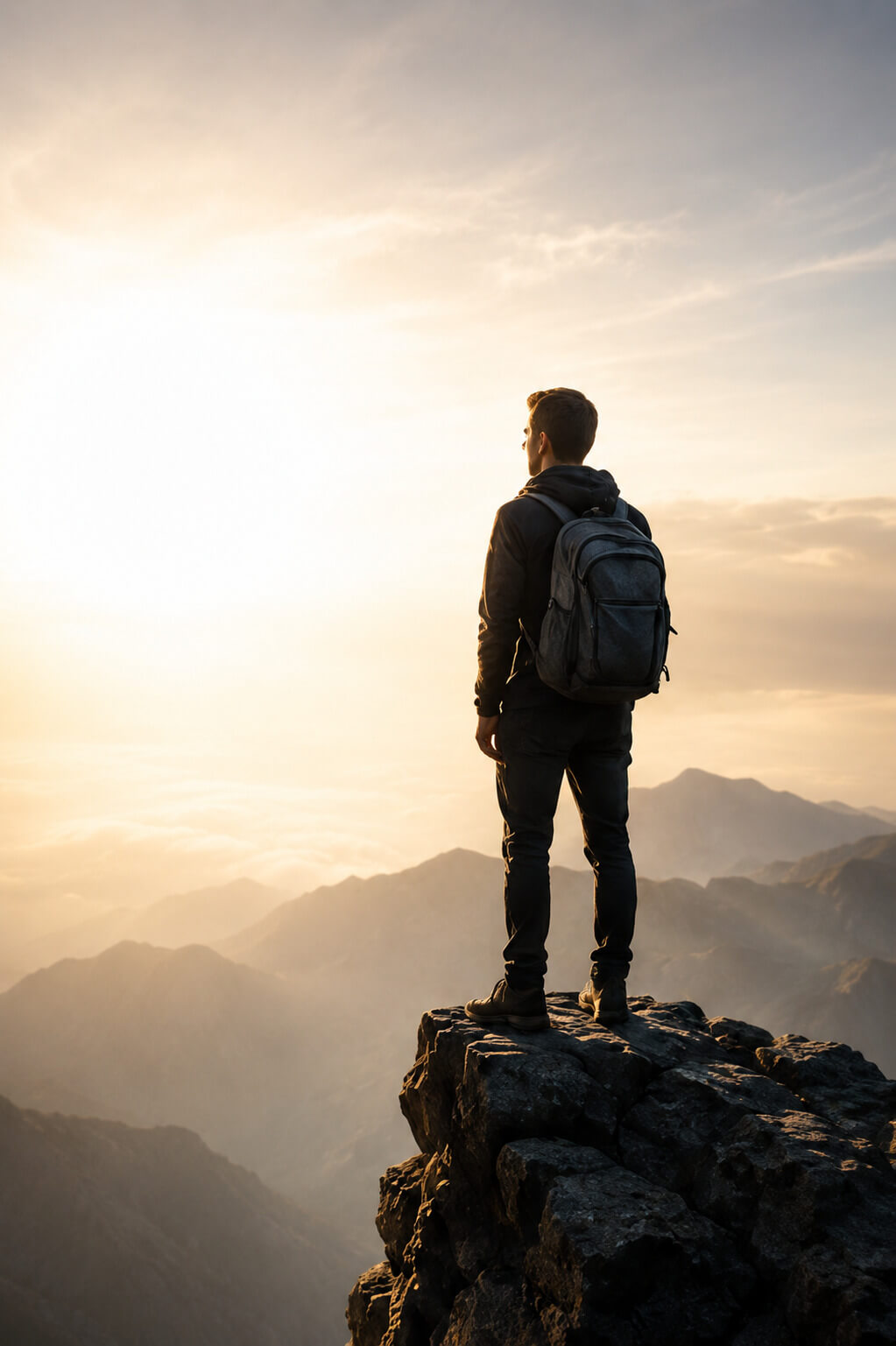 Jeune voyageur avec sac à dos face à un paysage de montagnes