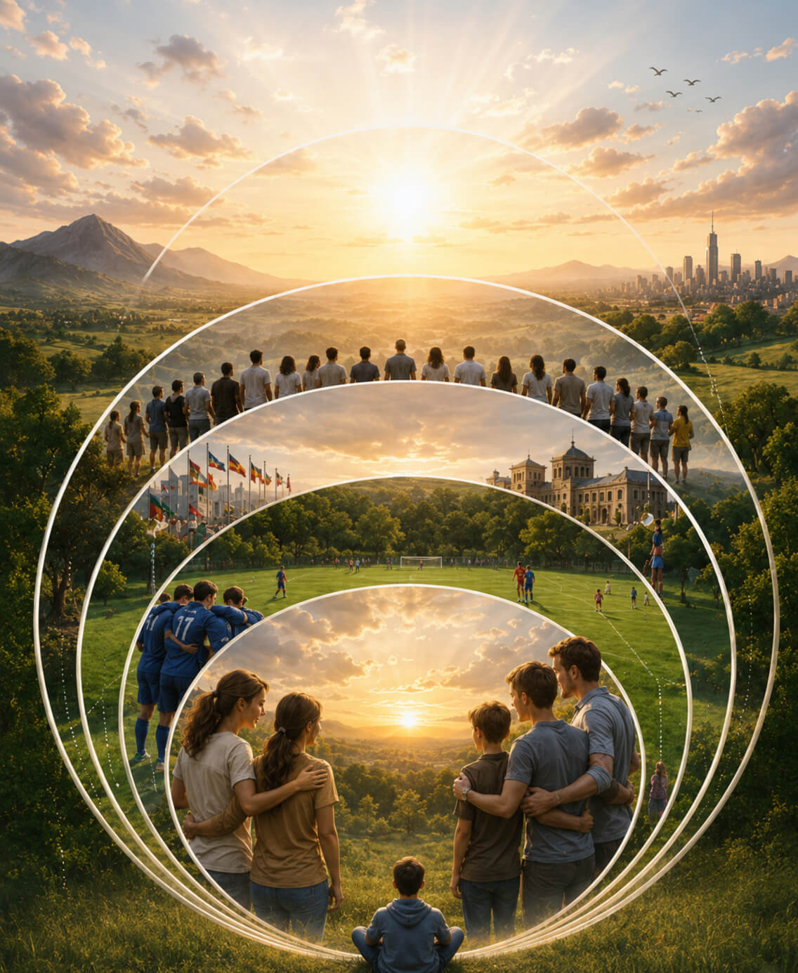 Composition en arcs imbriqués de l'Horizon d'OSE : du ciel et de l'horizon partagé par l'Humanité, à la multitude des peuples, aux institutions et drapeaux, au terrain de club sportif, à la famille réunie, jusqu'au jeune assis seul au premier plan