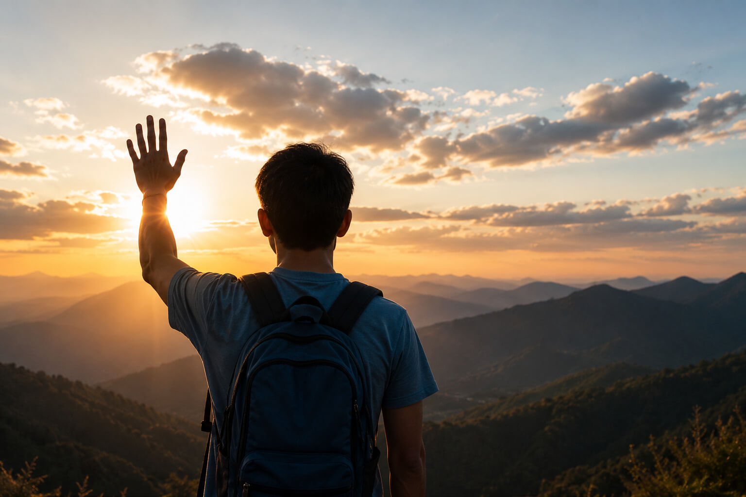 Jeune ambassadeur OSE bras levé face au lever du soleil, symbole du serment personnel et de l'engagement individuel