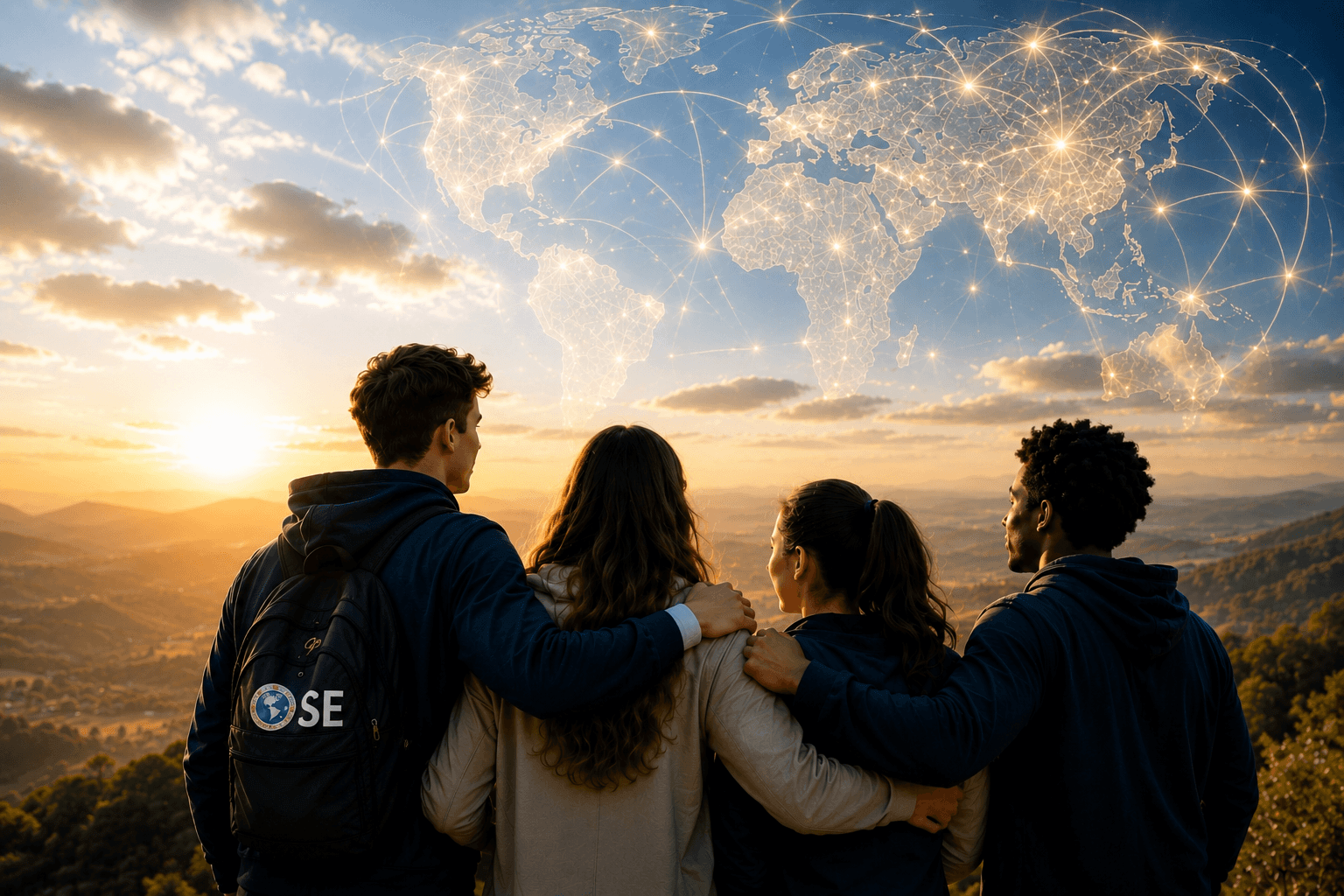 Jeunes ambassadeurs OSE contemplant ensemble la Carte d'Identité Planétaire – programme d'échanges sportifs internationaux