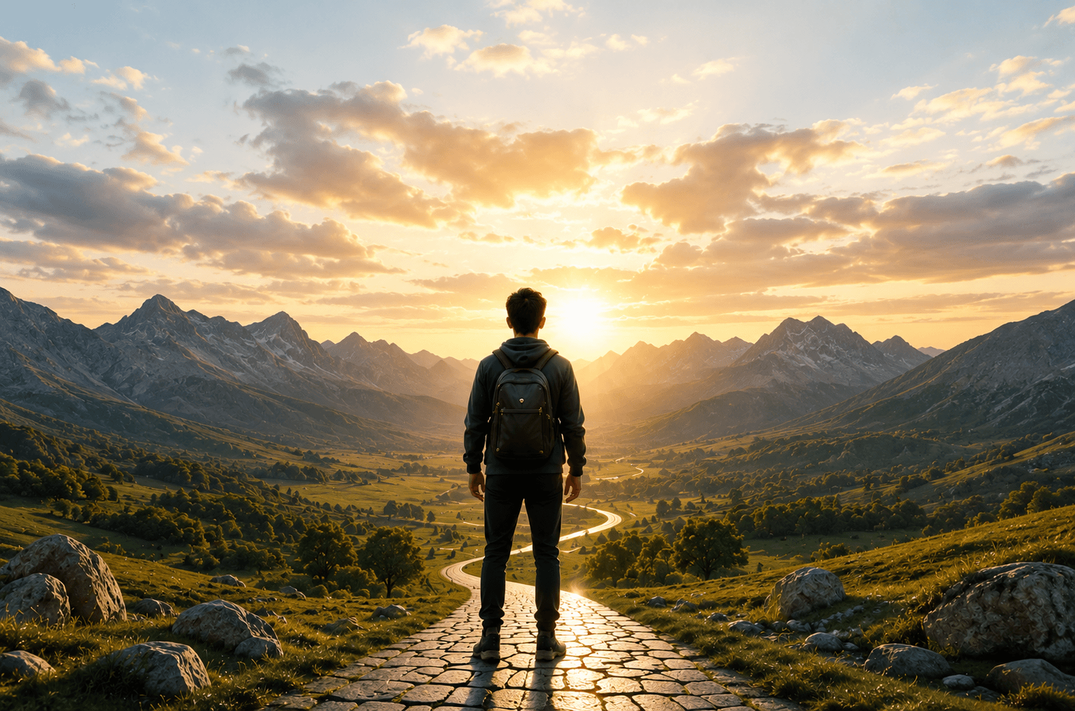 Jeune marchant sur un chemin vers l'horizon, symbole du choix d'exister