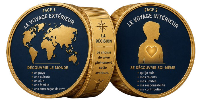 Schéma de la pièce OSE en deux faces : Face 1 Le Voyage Extérieur - Découvrir le monde (un pays, une culture, un club, une famille, une autre façon de vivre) ; tranche centrale La Décision - je choisis de vivre pleinement cette aventure ; Face 2 Le Voyage Intérieur - Se découvrir soi-même (qui je suis, mes talents, mes limites, ma responsabilité, ma contribution)