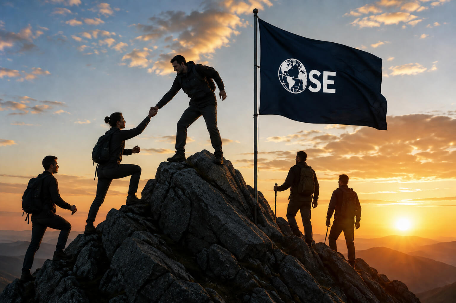 Pionniers OSE s'entraidant pour gravir un sommet et hisser le drapeau OSE, symbole de la communauté fondatrice