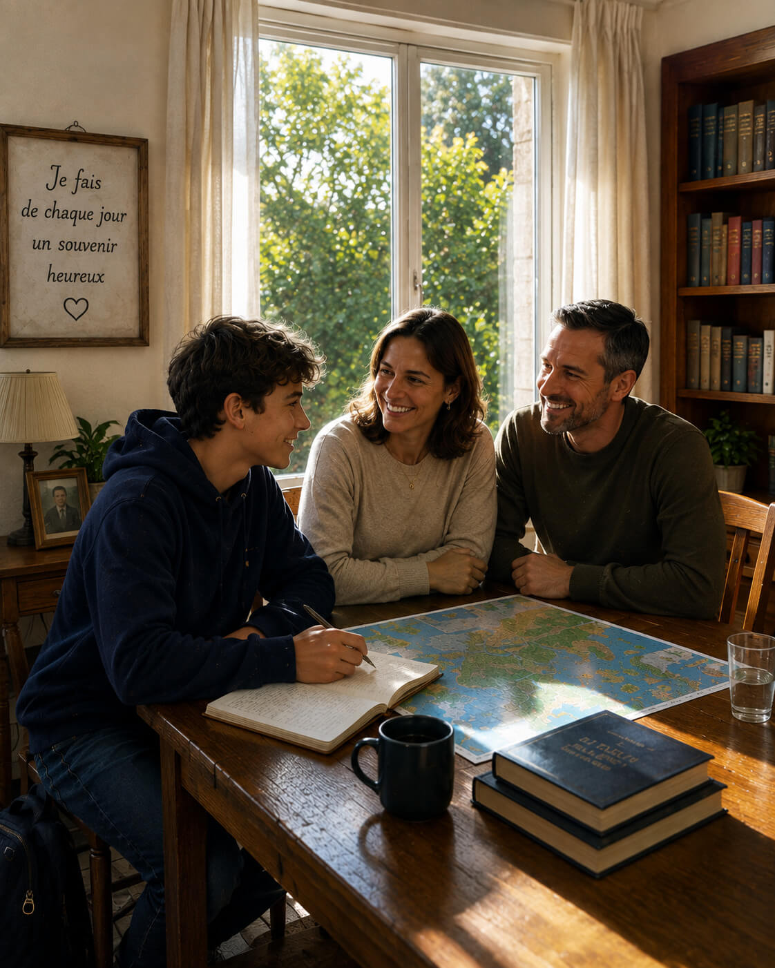 Ambassadeur OSE partageant un moment de vie quotidienne avec sa famille d'accueil autour d'une carte du monde