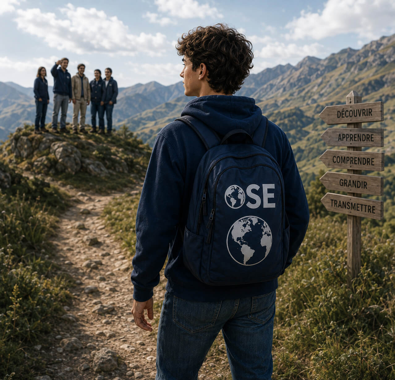 Ambassadeur OSE en échange sportif face à un carrefour de panneaux découvrir, apprendre, comprendre, grandir, transmettre - il trouve son propre chemin en toute autonomie