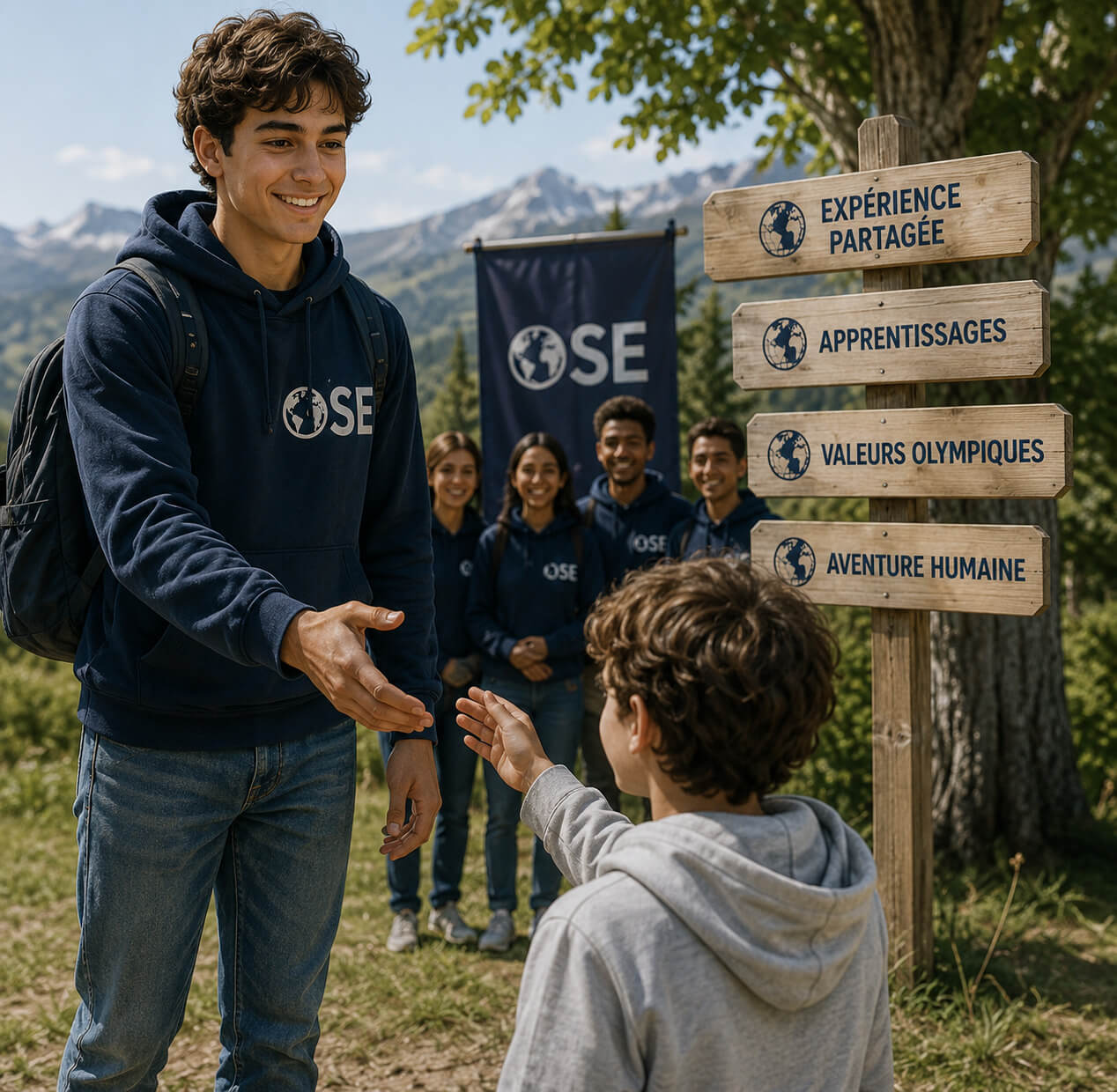 Ambassadeur OSE de retour d'échange sportif transmettant son expérience à un jeune de sa communauté - expérience partagée, apprentissages, valeurs olympiques, aventure humaine