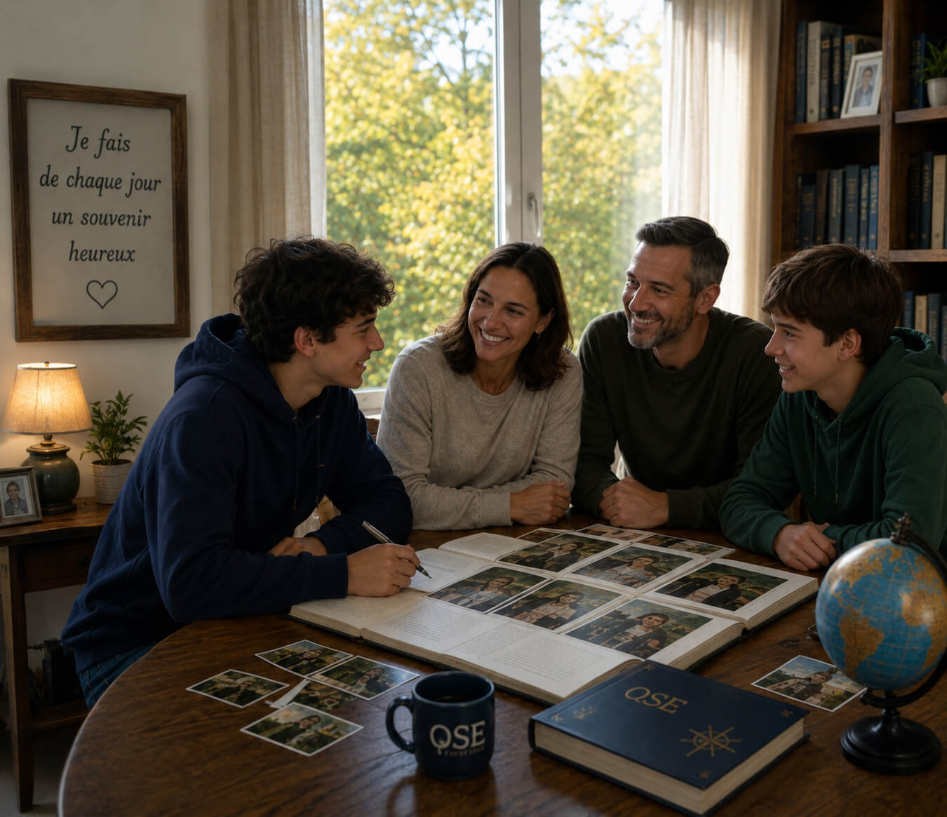 Embajador de OSE y su familia de acogida observando un globo terráqueo y fotografías de recuerdo de su intercambio