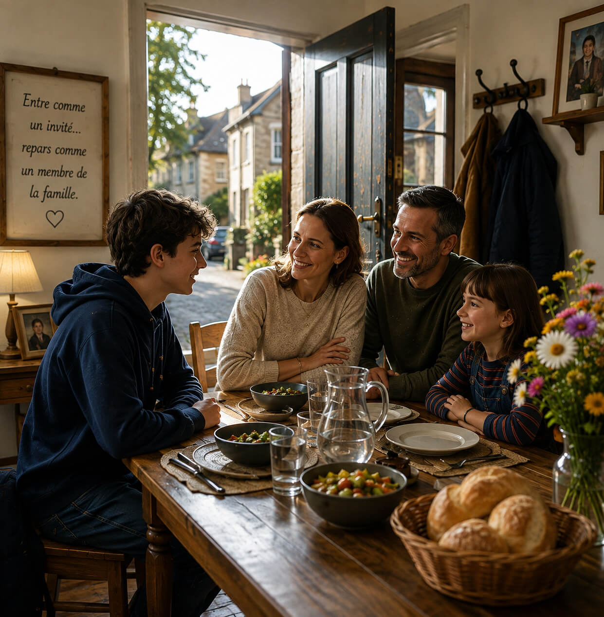 Ambassadeur OSE partageant un repas convivial avec sa famille d'accueil durant sa première semaine