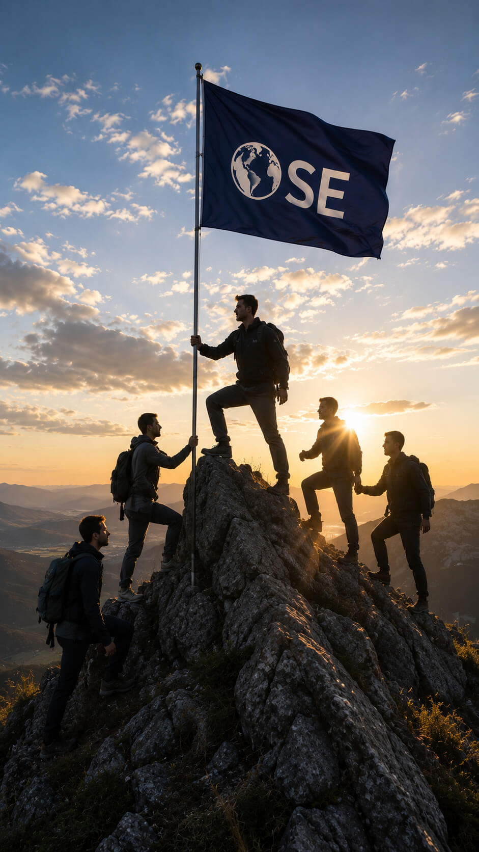 Pionniers OSE hissant le drapeau OSE au sommet d'une montagne au lever du soleil, symbole de la création d'un OSE Pays