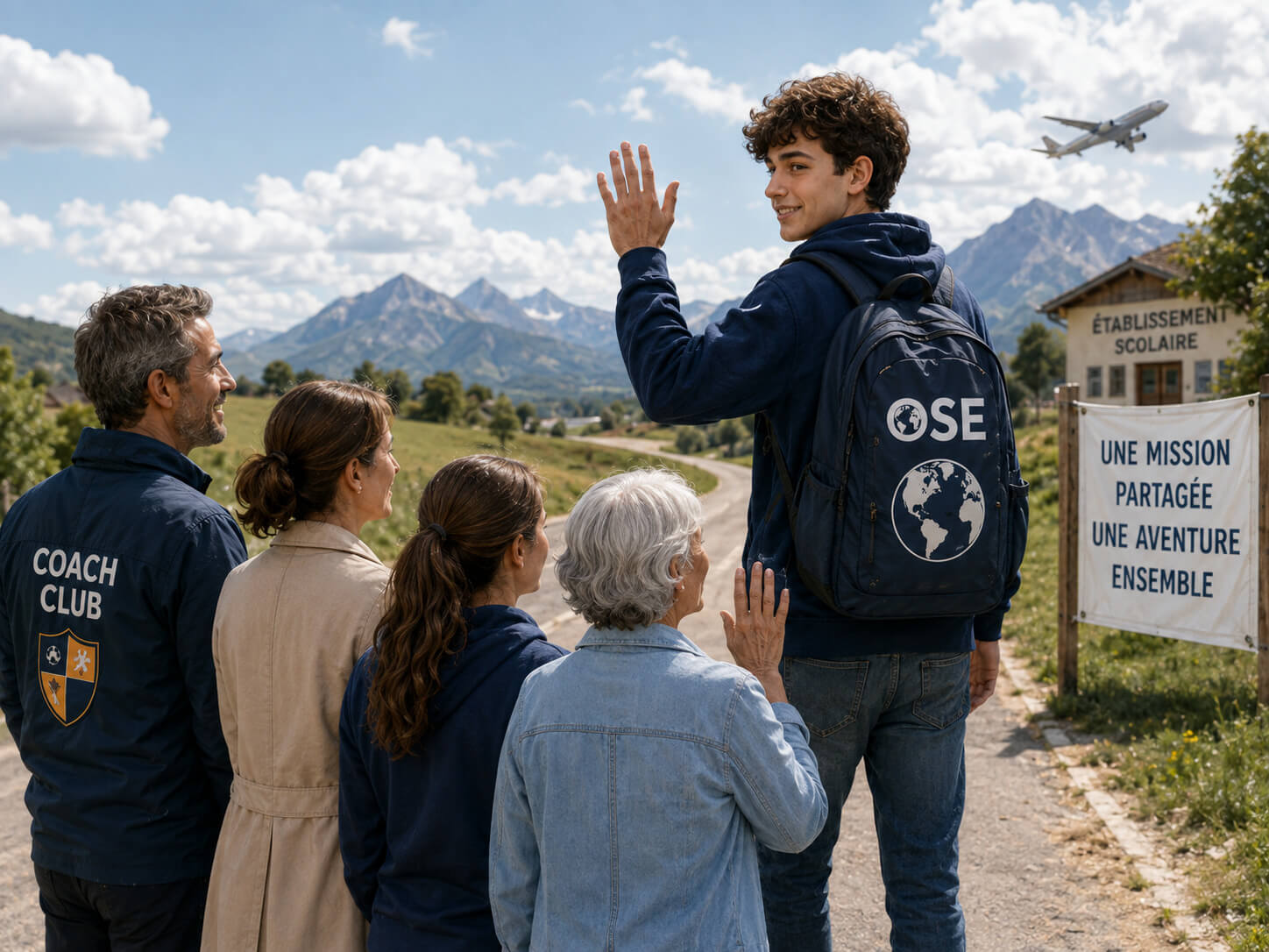 Jeune ambassadeur OSE saluant sa famille et son entraîneur avant son départ en échange sportif - une mission partagée, une aventure ensemble