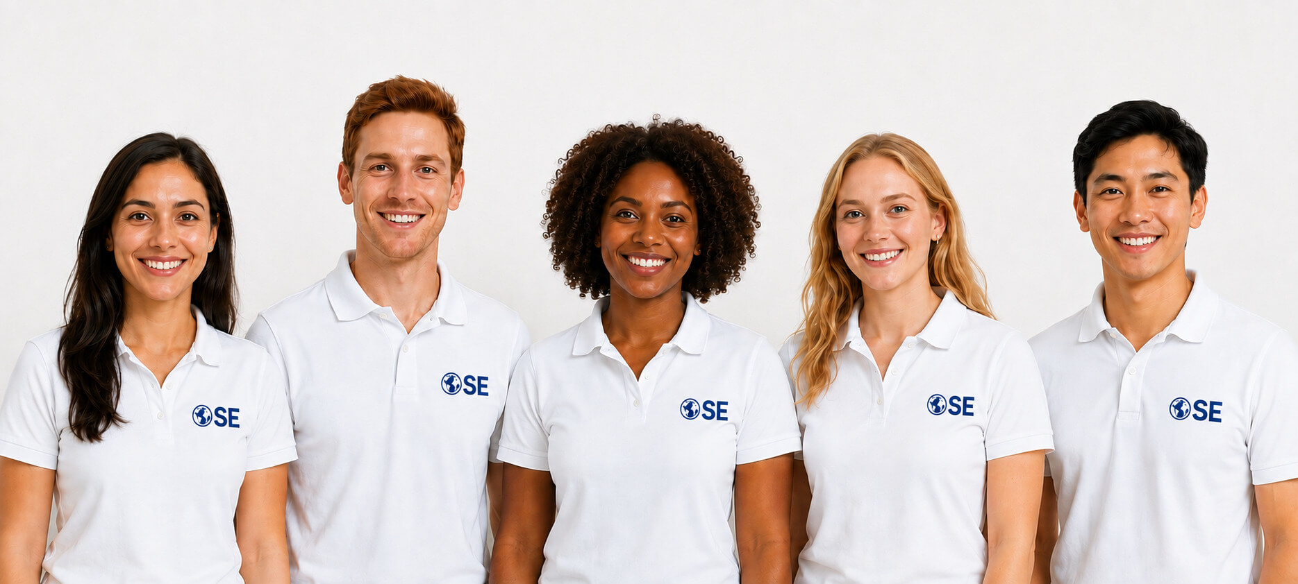Cinq jeunes ambassadeurs OSE souriants, de cultures et origines différentes, portant le polo OSE, réunis côte à côte