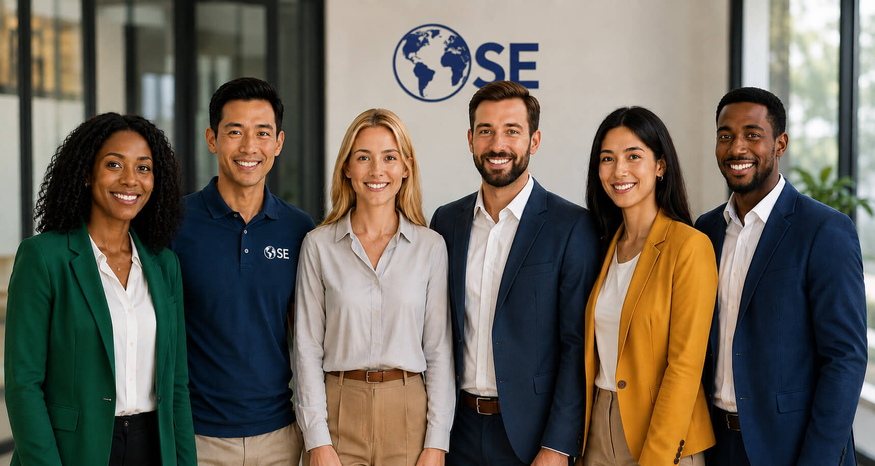 Six jeunes ambassadeurs OSE souriants, de cultures et origines différentes, réunis côte à côte, symbolisant la communauté fondatrice