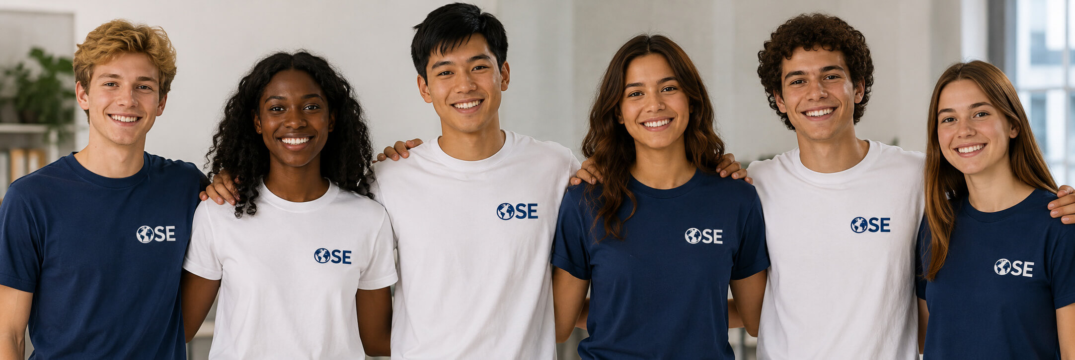 Six jeunes ambassadeurs OSE souriants en maillot OSE, de cultures et origines différentes, réunis côte à côte