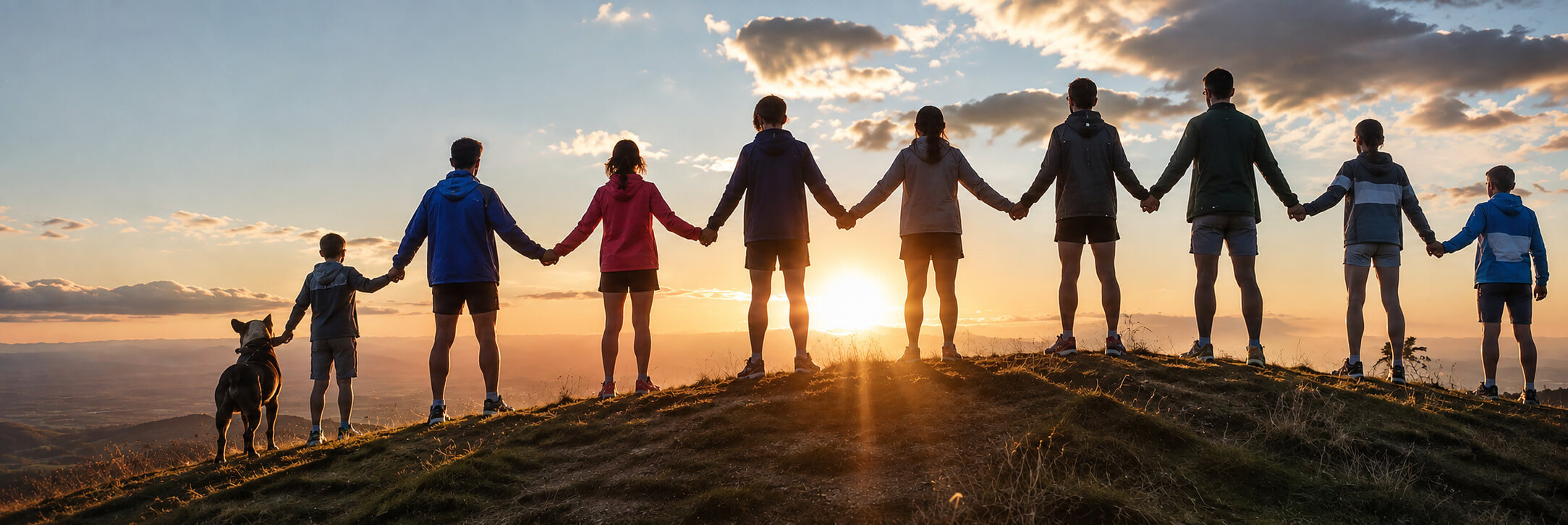 Ambassadeurs OSE du monde entier réunis en cercle au sommet d'une colline au lever du soleil, se tenant la main