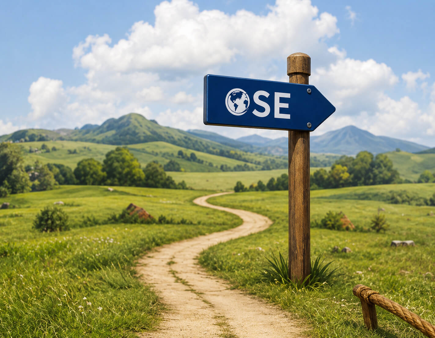 Chemin de campagne avec panneau OSE, symbole des pays partenaires du programme d'échange